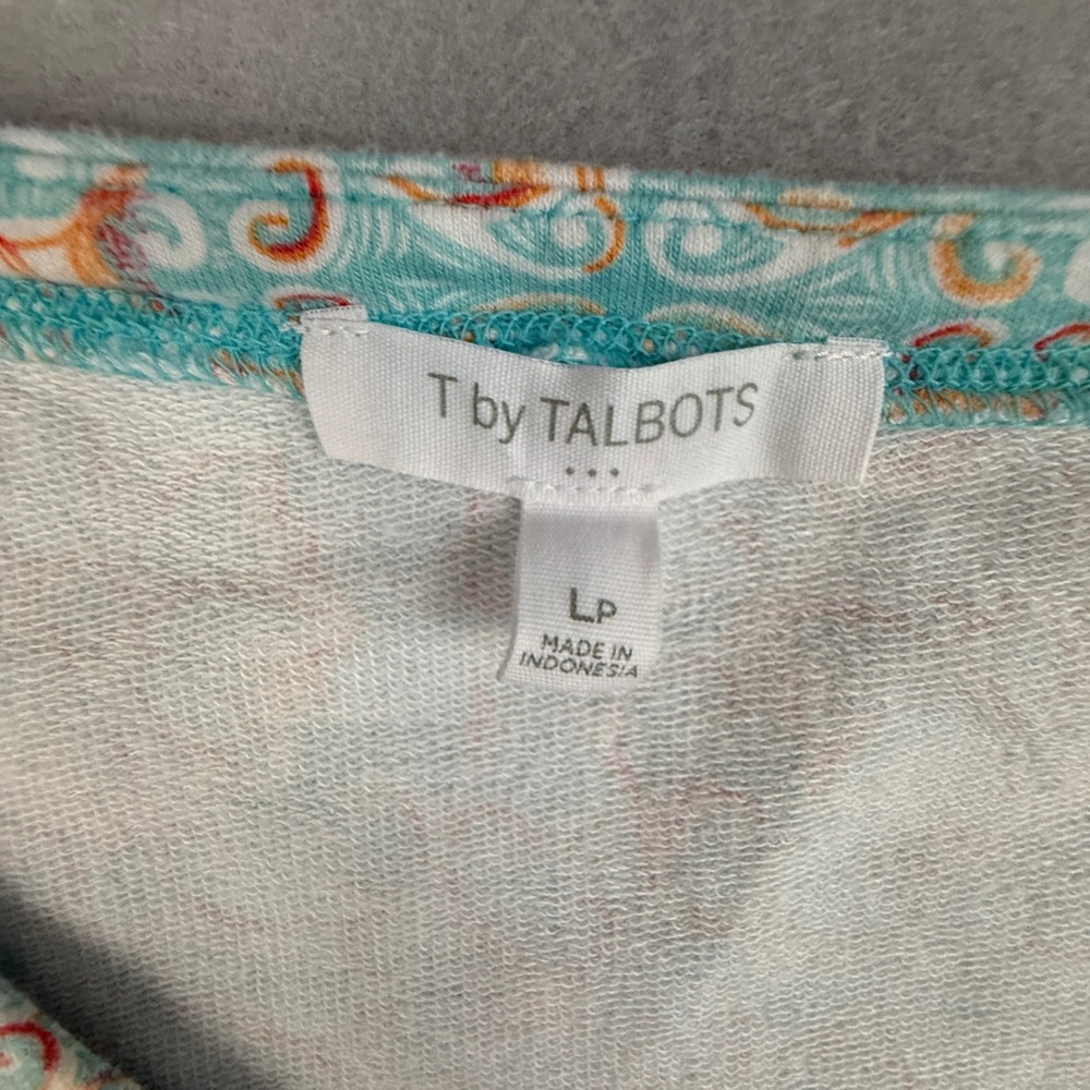 T by Talbots Dress Women's Large Petite Cap Sleeve Jersey Medallion Scroll Teal - Picture 6 of 10